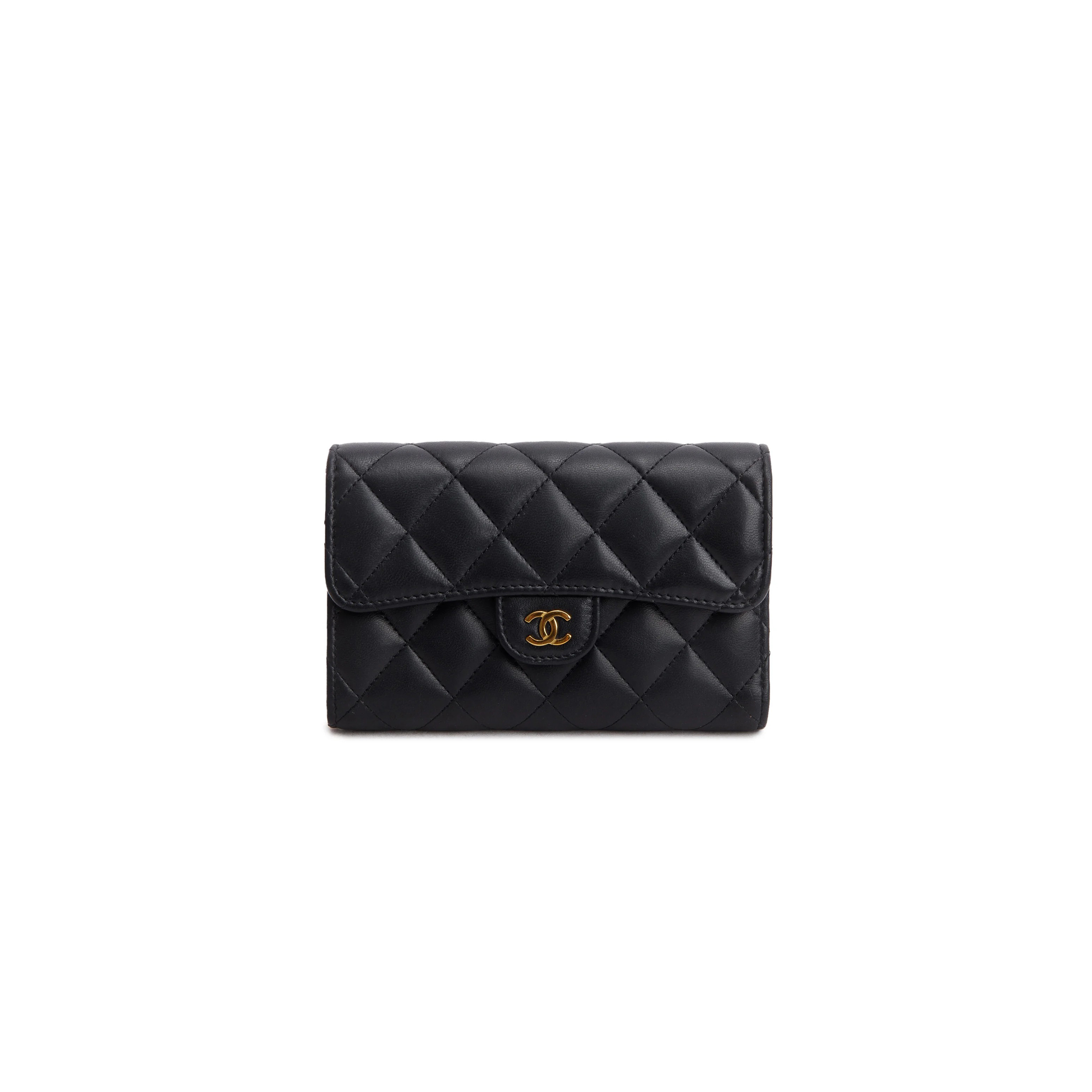 CHANEL BLACK LAMBSKIN QUILTED MEDIUM FLAP WALLET A84341 (15*10*2.5cm)